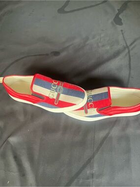 Gucci Red, Blue & White Stripe Slip-On Loafers